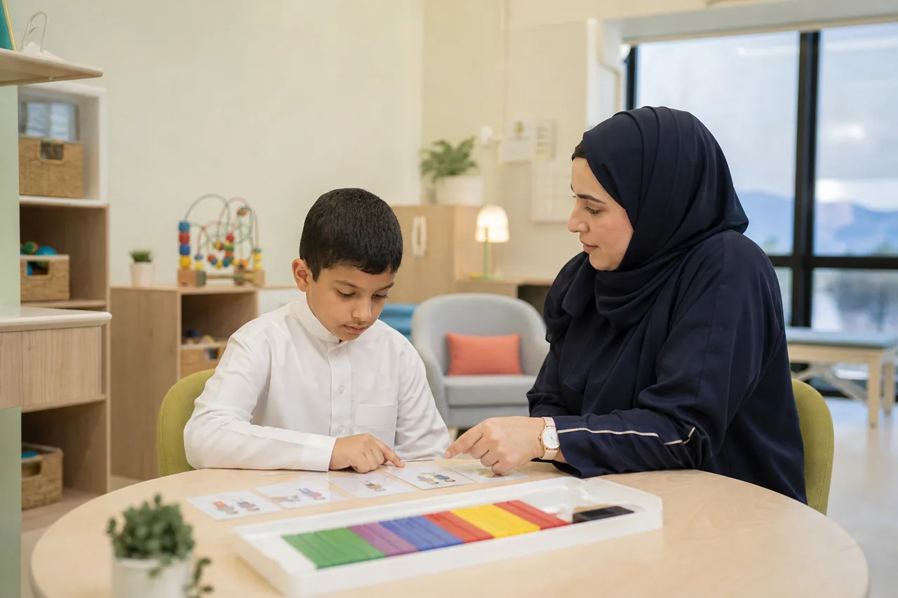 أخصائية تدعم طفلاً خلال نشاط بصري منظم