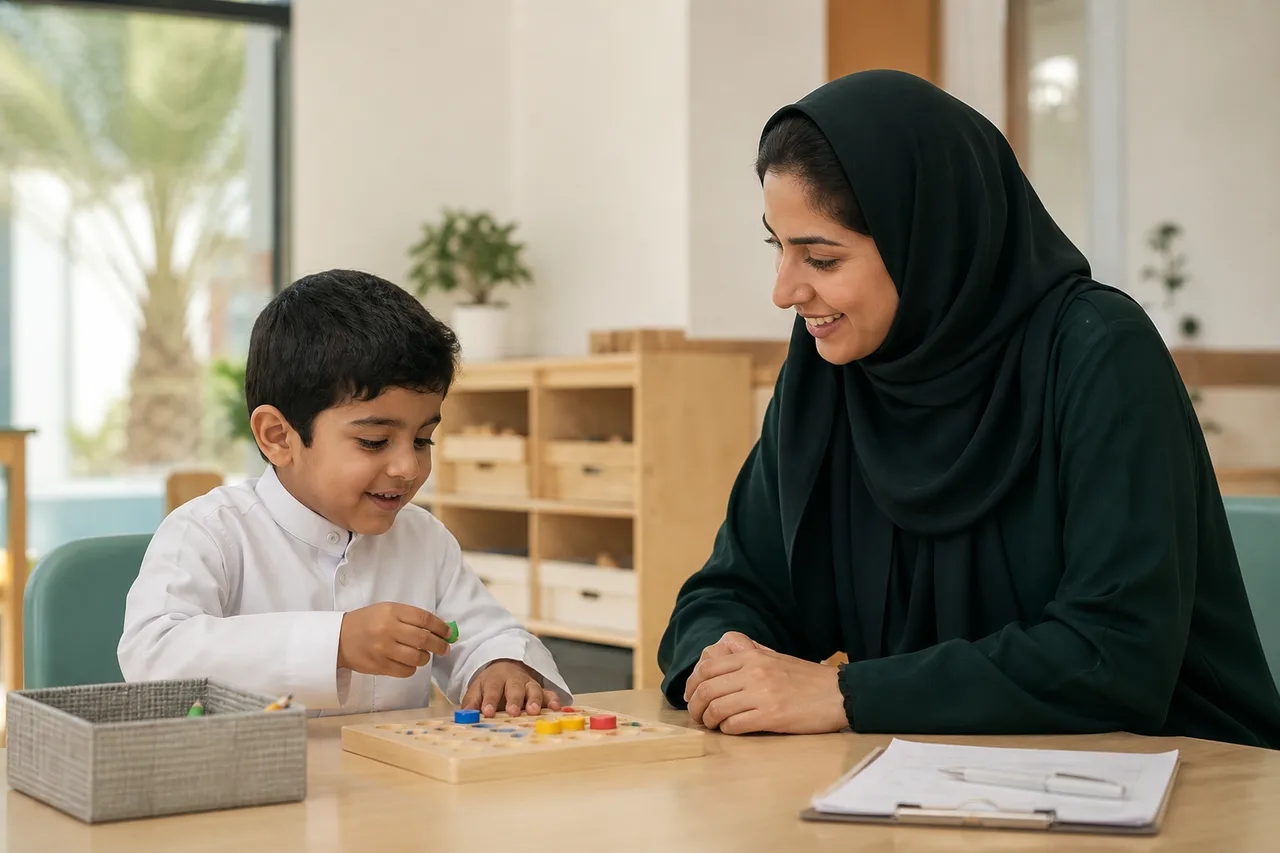أخصائية وطفل يشاركان في نشاط إيجابي منظم