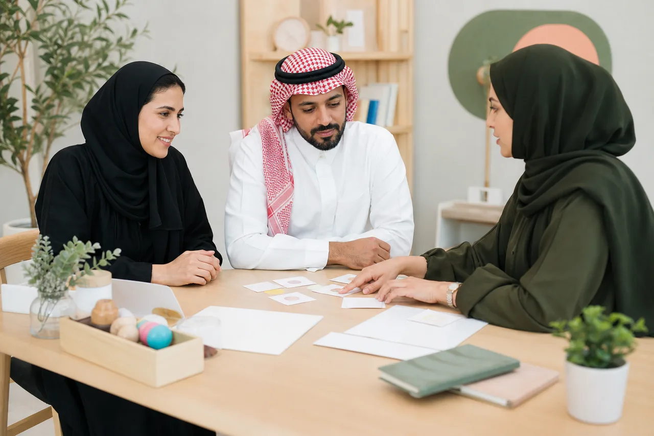 والدان يناقشان استراتيجيات أسرية عملية مع أخصائية