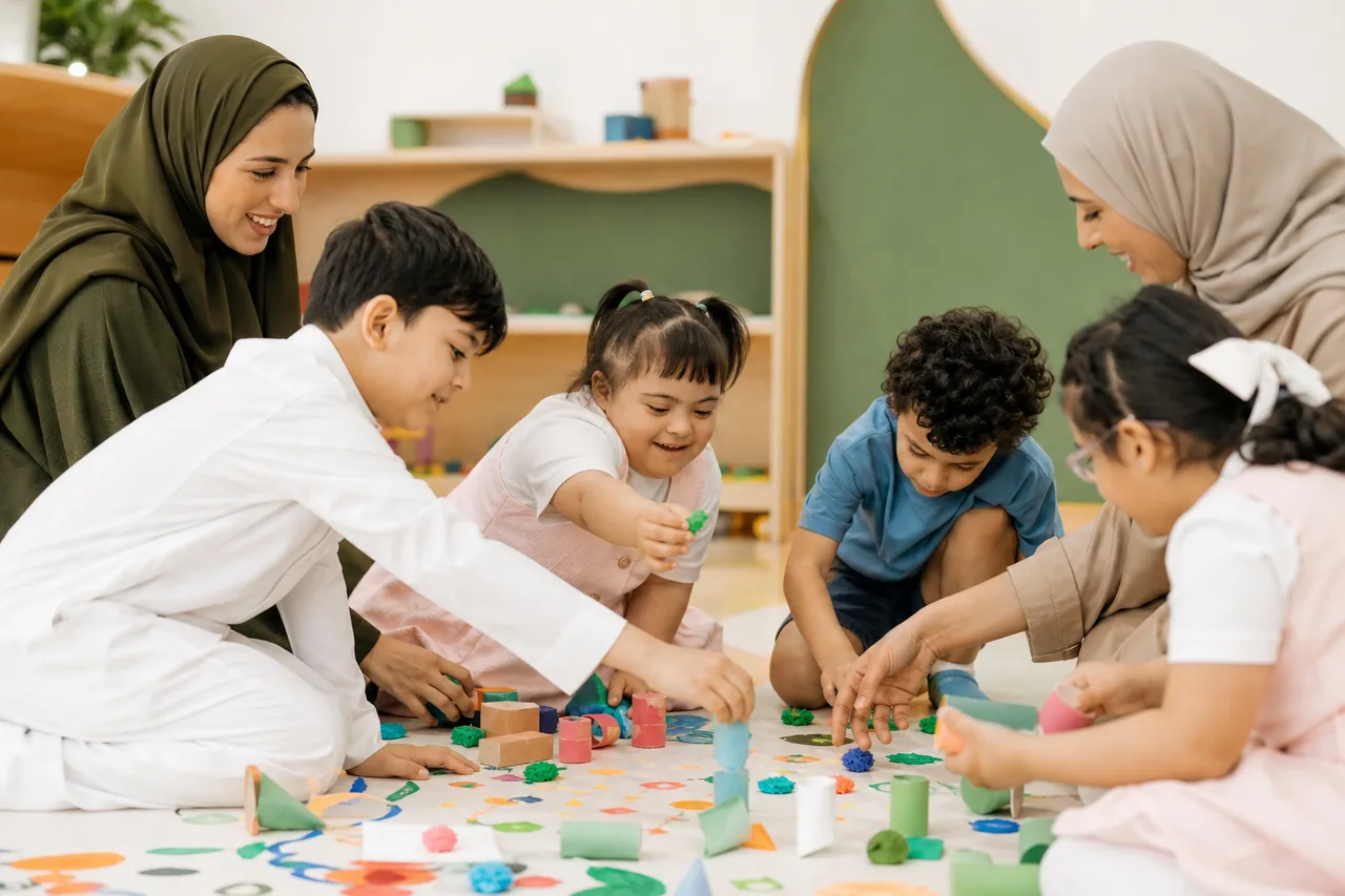 أطفال يشاركون في نشاط إبداعي داخلي جماعي