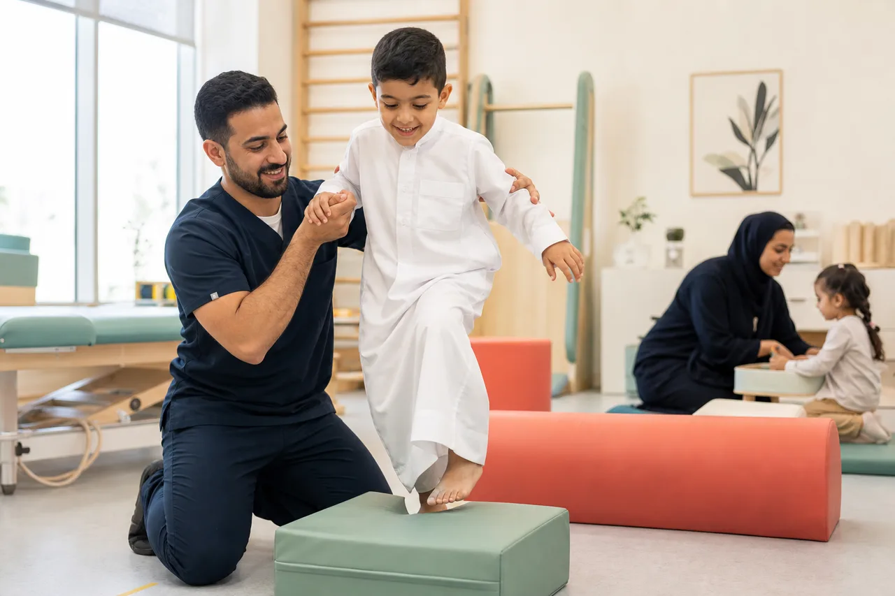 أخصائي علاج طبيعي يدعم طفلاً خلال تمرين حركي