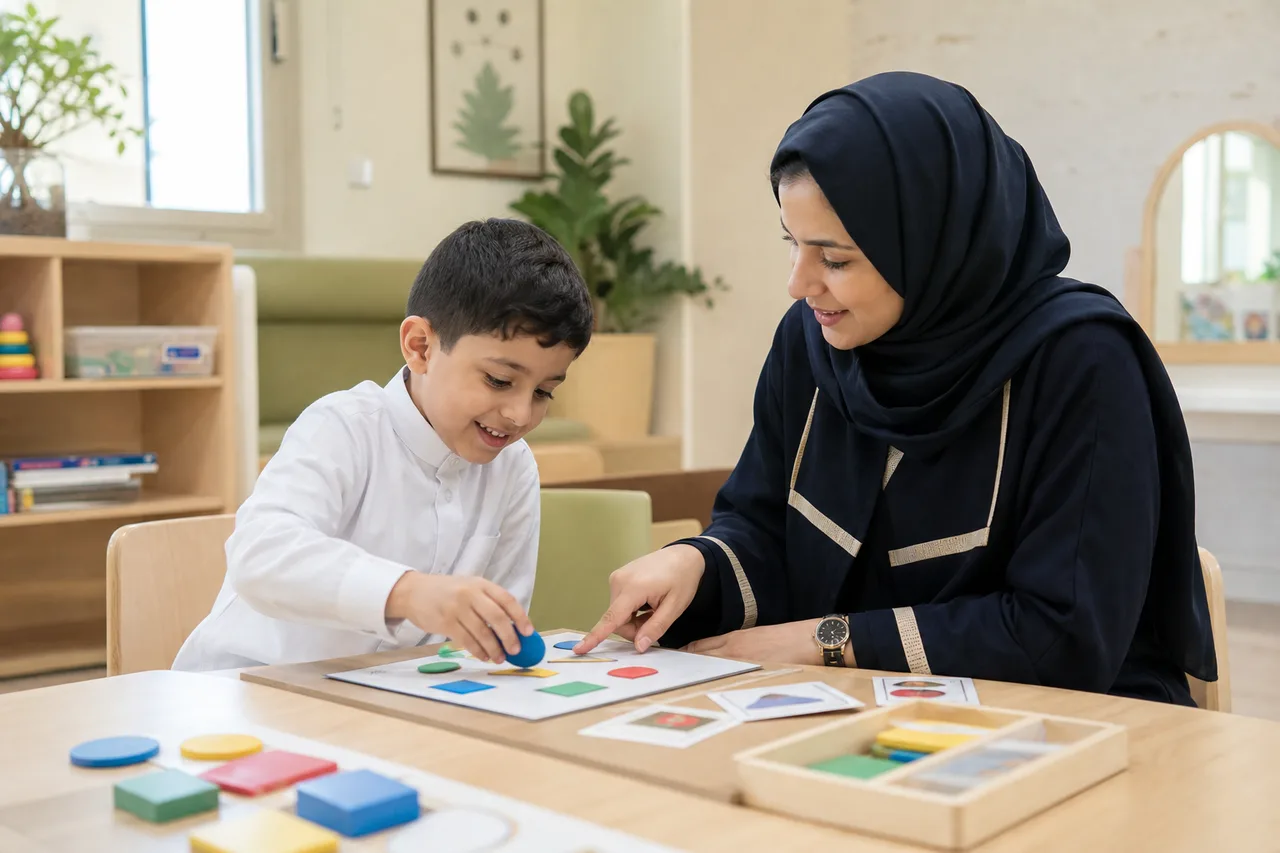 أخصائية تربية خاصة توجه طفلاً خلال نشاط تعليمي