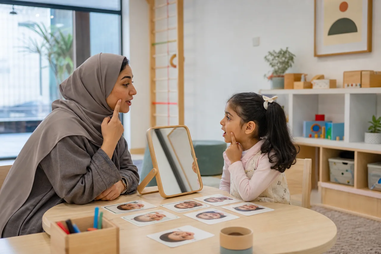 أخصائية نطق وطفلة تتدربان على التواصل باستخدام المرآة